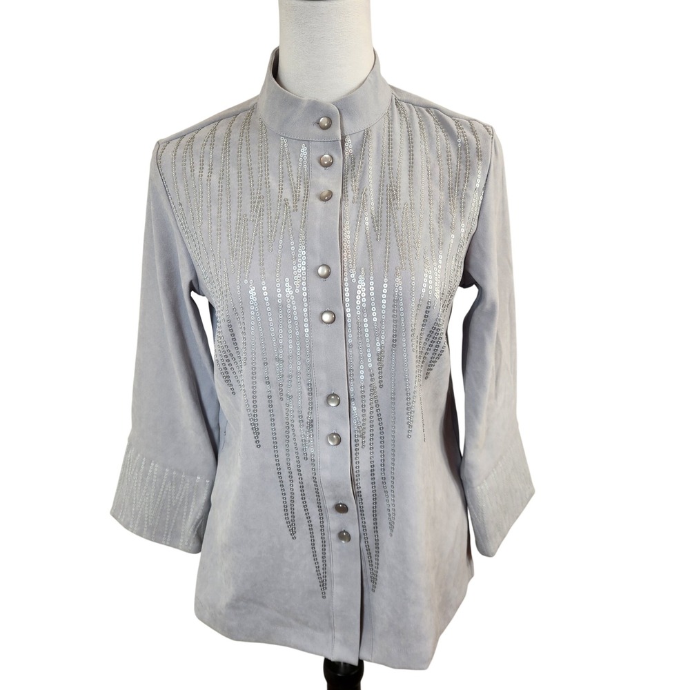 Bob Mackie Wearable‎ Art Sequined Faux Suede Jacket Womens XXS Light Gray Shirt
